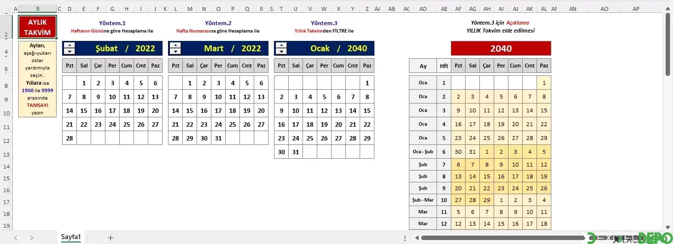 Excel 365 işlevleriyle Aylık Takvim Oluşturma