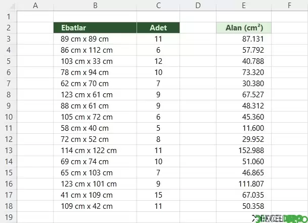Ebat Ölçülerinden Alan Hesaplaması Yapma
