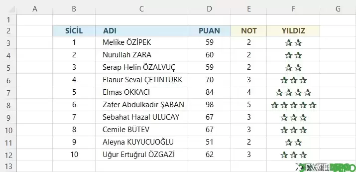 Performans Değerlendirme Notunu Yıldıza Çevirme