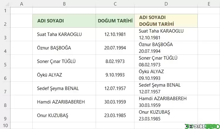 Farklı Hücredeki Değerleri Tek Hücrede Birleştirme