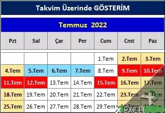 Takvim Üzerinde Gösterim