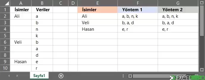 Alt Alta Sıralı Verileri Aynı Hücrede Birleştirme