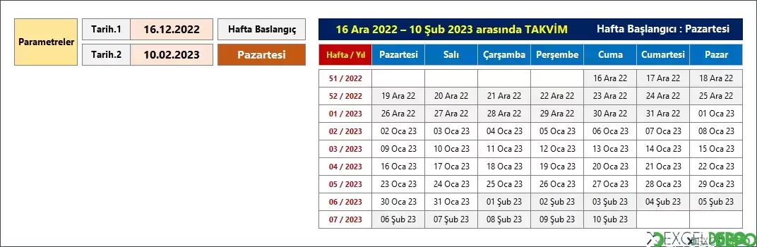 İki Tarih Arasında Takvim Oluşturma