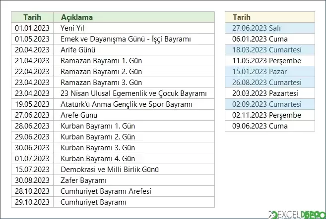 Haftasonu ve Resmi Tatil Günlerini Renklendirme
