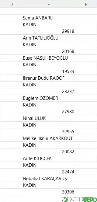 Farklı Satırları Tek Sütun Yapma
