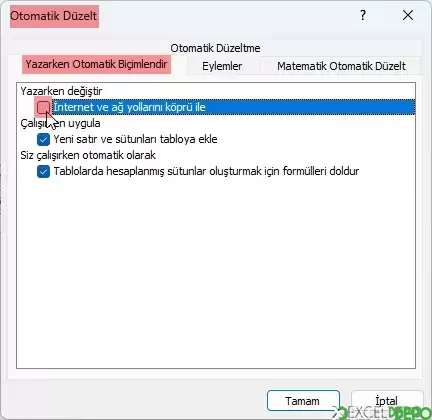 E-Posta veya Web Adreslerine Köprü Oluşturmayı Engelleme