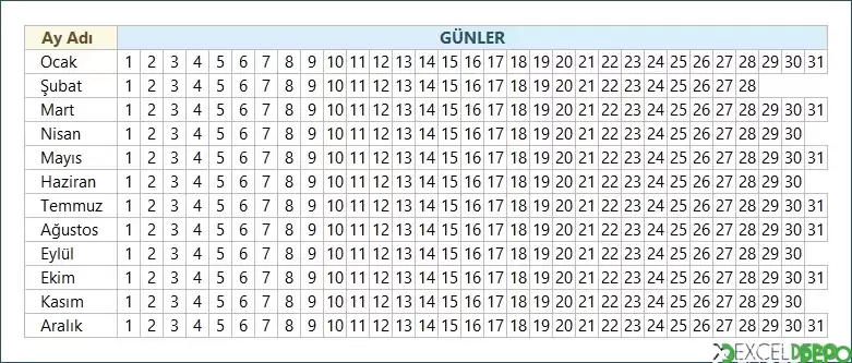 Seçilen Ayın Günlerini Otomatik Listeleme