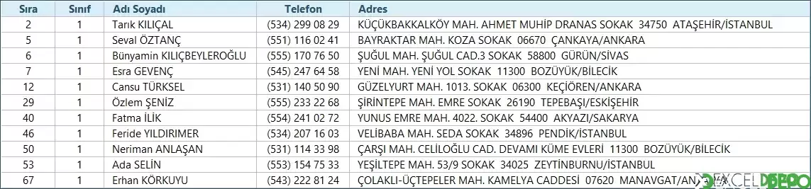 Sınıf Grubuna Göre Sayfalara Aktarma
