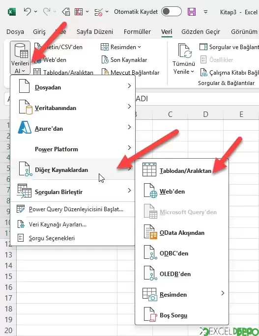 Tablodan / Aralıktan Veri Al