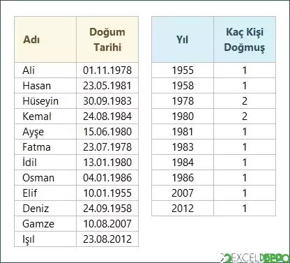 Doğum Tarihine Göre Yıl Bazlı Doğanları Sayma