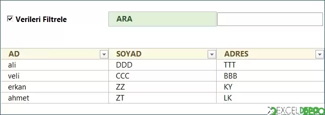 Arama İşlevlerini Kullanarak Veri Filtreleme