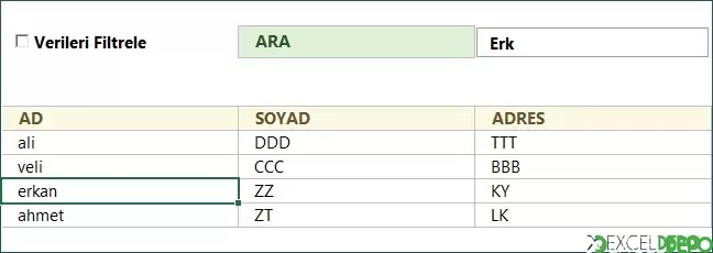 Arama İşlevlerini Kullanarak Veri Filtreleme