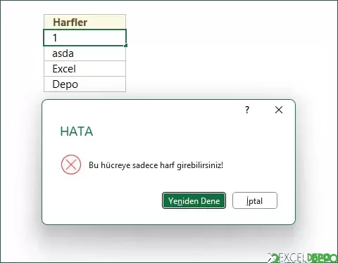 Excel Hücresine Sadece Harf Yazma