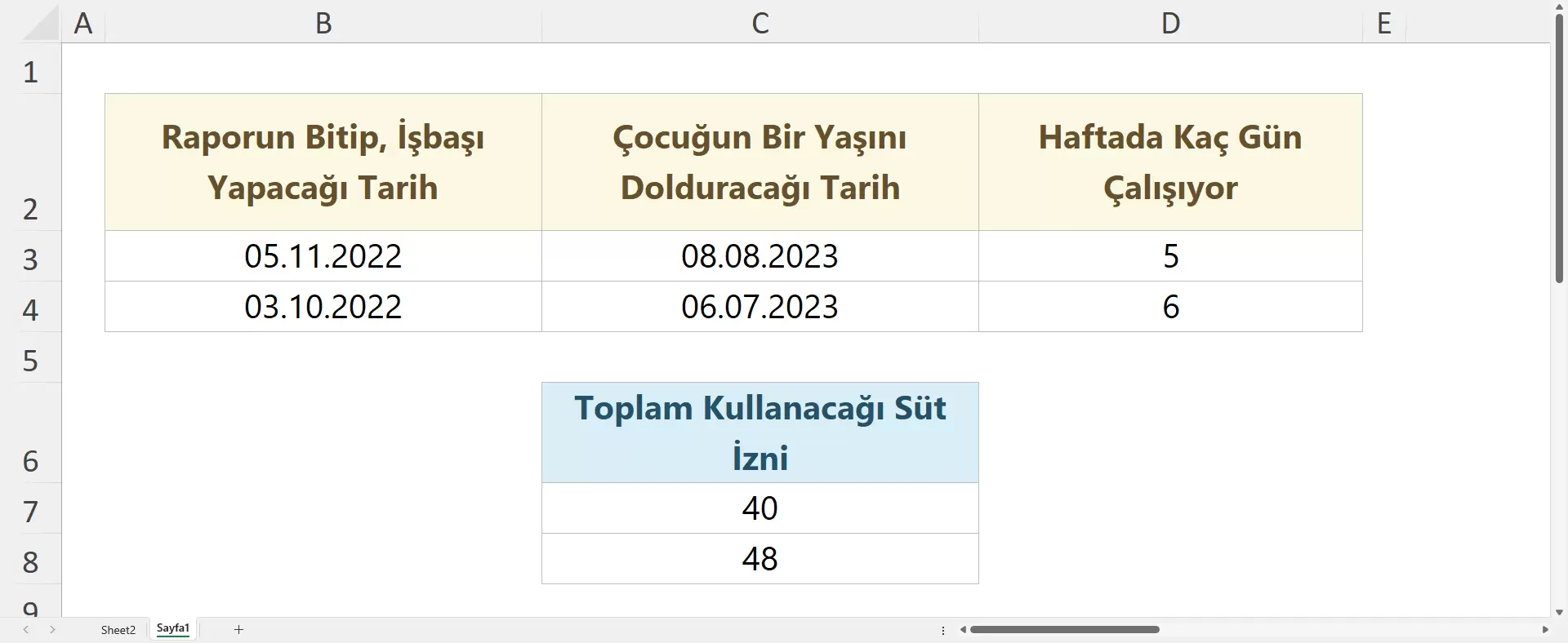 Süt İzni Hesaplama Tablosu Excel