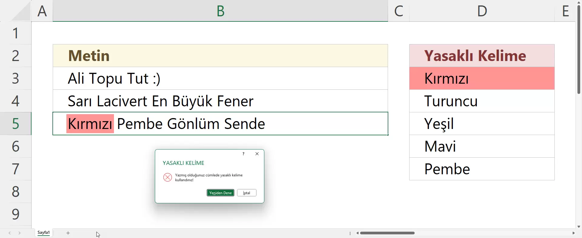 Excel Hücrelerinde Yasaklı Kelime Kullanımını Engelleme