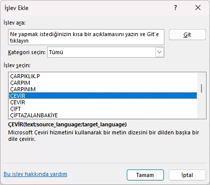 ÇEVİR Fonksiyonu