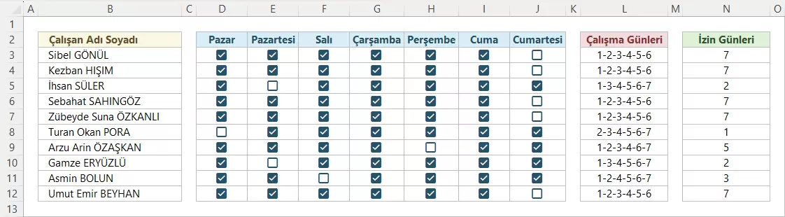 CheckBox ile Çalışma ve İzin Günlerini Listeleme