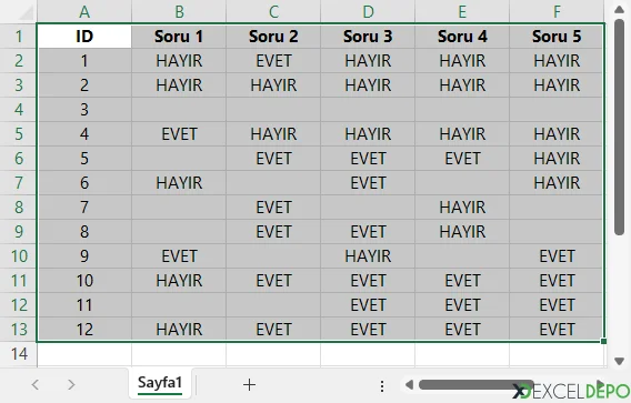 Veri aralığını seçin