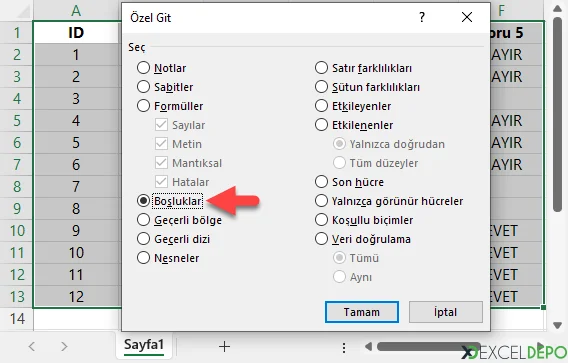 Boşlukları seçin