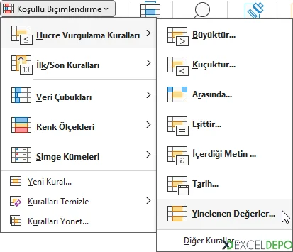 Hücre Vurgulama Kuralları > Yinelenen Değerler