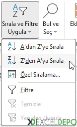 Sırala ve Filtre Uygula > A'dan Z'ye veya Z'den A'ya