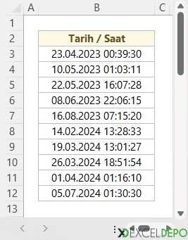 Hücredeki Tarih ve Saat Değerlerini Ayırma