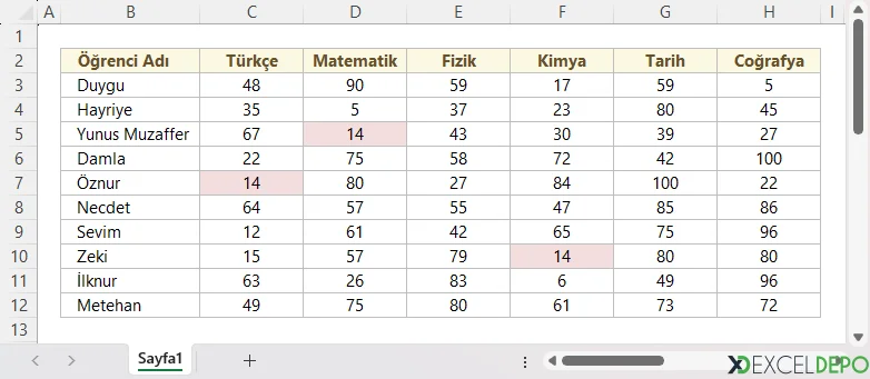 Hücrede Kesişen Ders ve Öğrenci Adını Yazdırma