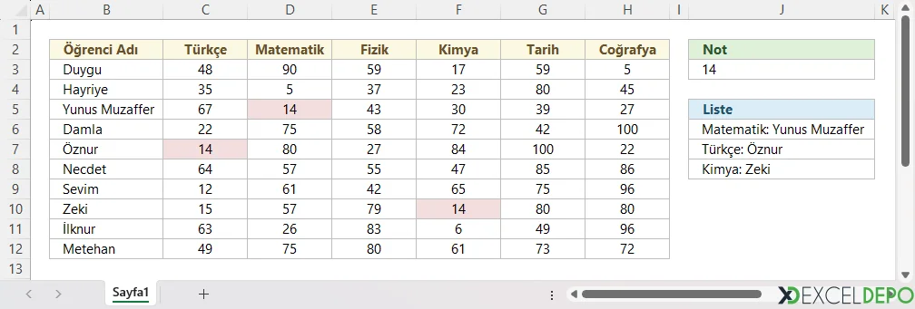 Hücrede Kesişen Ders ve Öğrenci Adını Yazdırma