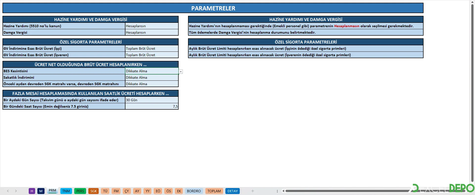PRM (Parametreler) sayfası: