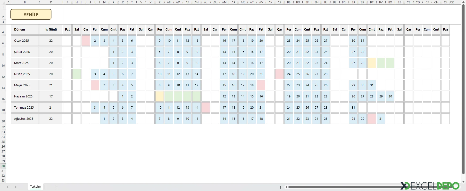 Aylık İş Günü Takvimi Oluşturma