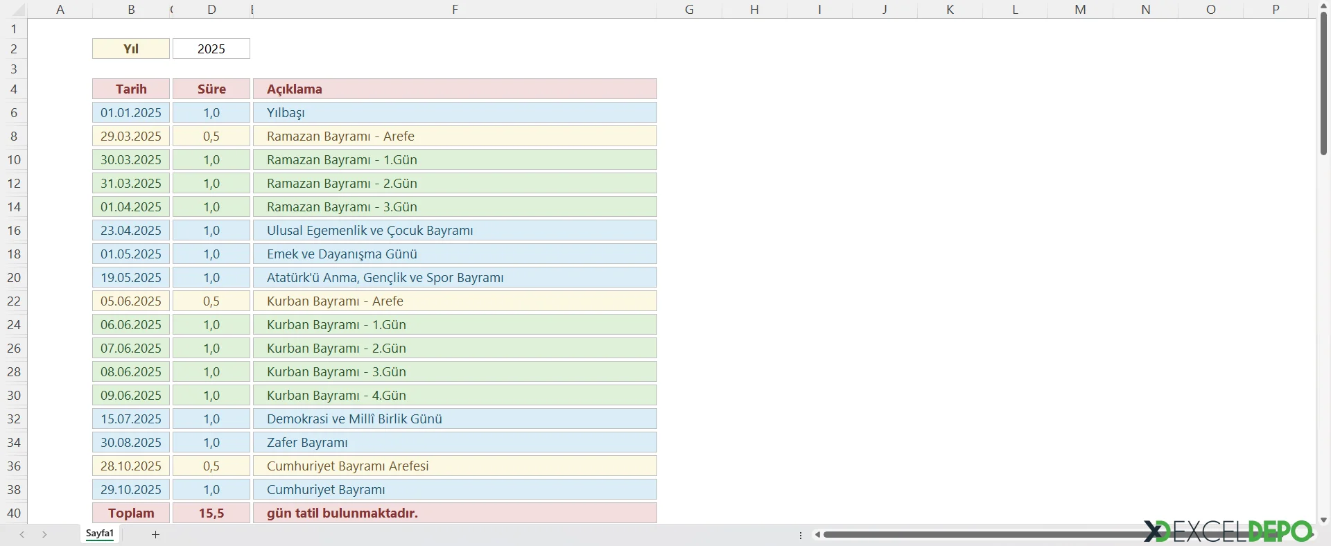 Resmi ve Dini Tatilleri Listeleme