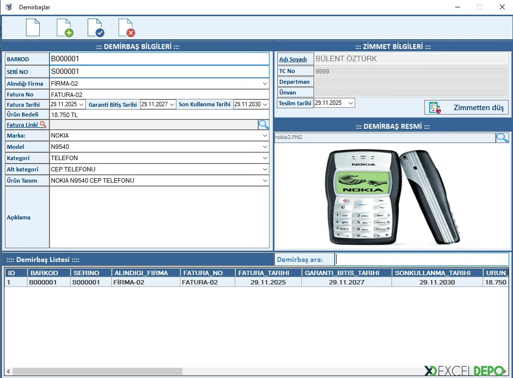 Personele Demirbaş Zimmetleme Ekranı