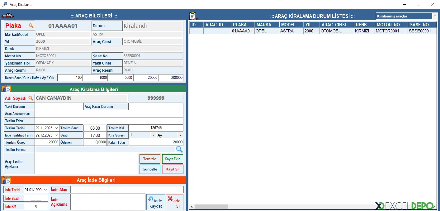Araç Kiralama Ekranı