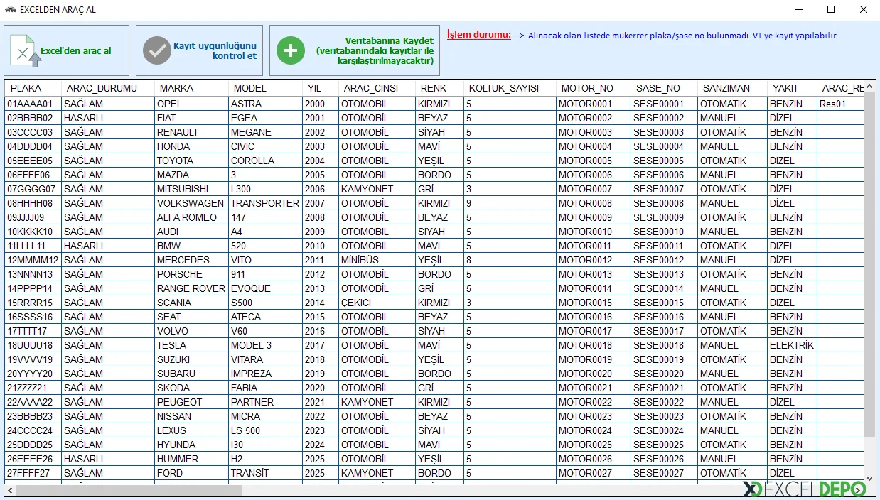 Excel'den Toplu Kayıt Ekleme Ekranları