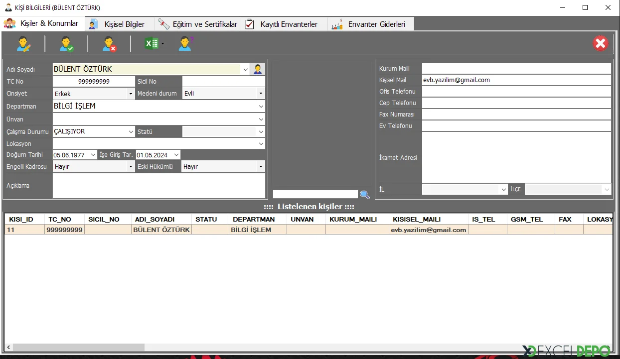 Personel Tanım Ekranı