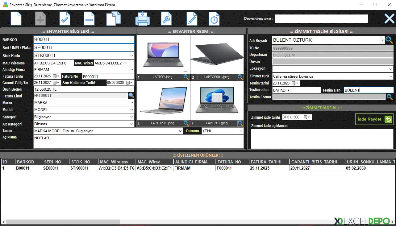 Demirbaş Tanım ve Personele Zimmet Ekranı