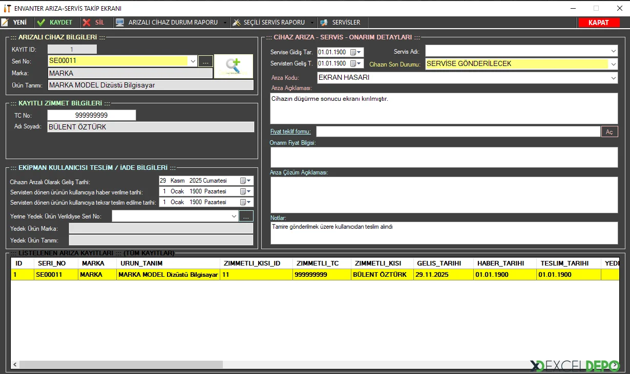 Envanter Arıza ve Servis Onarım Takip Ekranı