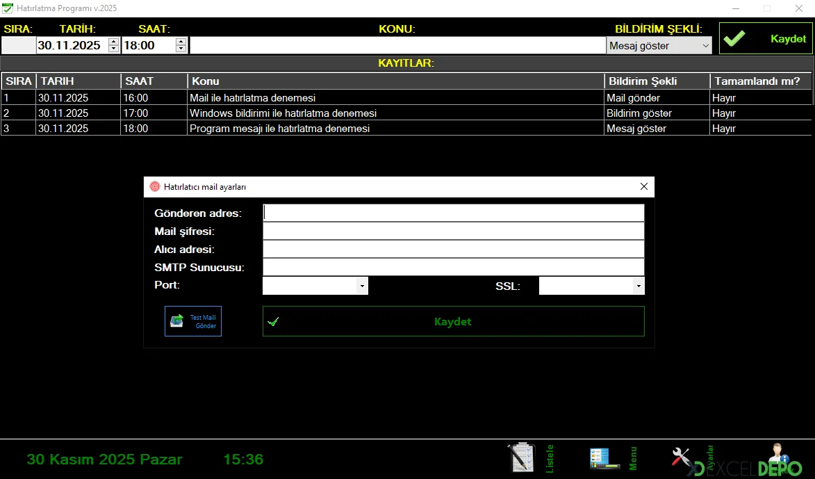 Mail Ayarları Ekranı