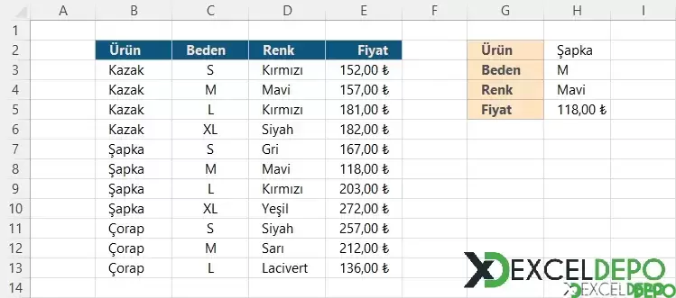 Birden Fazla Arama Değerine Sahip DÜŞEYARA