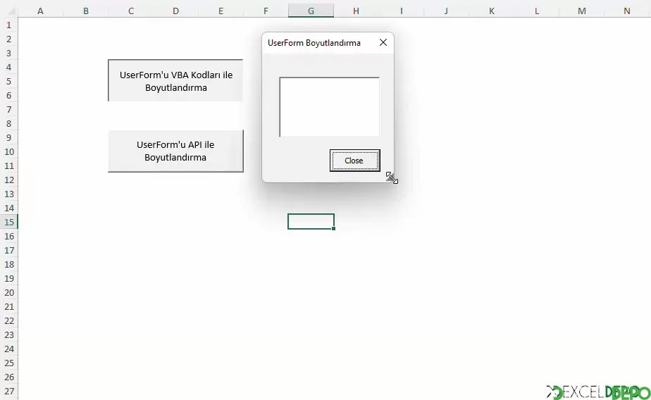UserForm Nesnesini Boyutlandırma