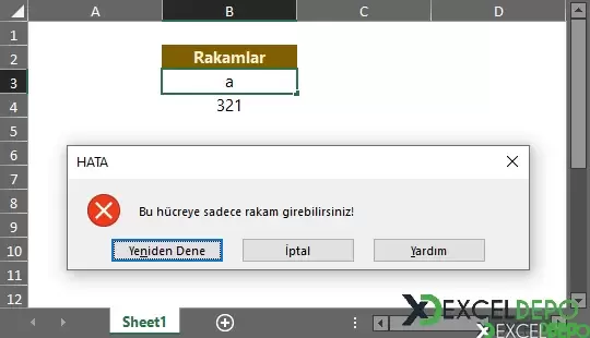 Excel Hücresine Sadece Rakam Yazma