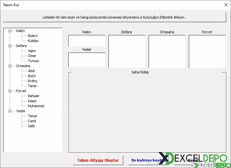 Excel ile Halı Saha Takımı Hazırlama