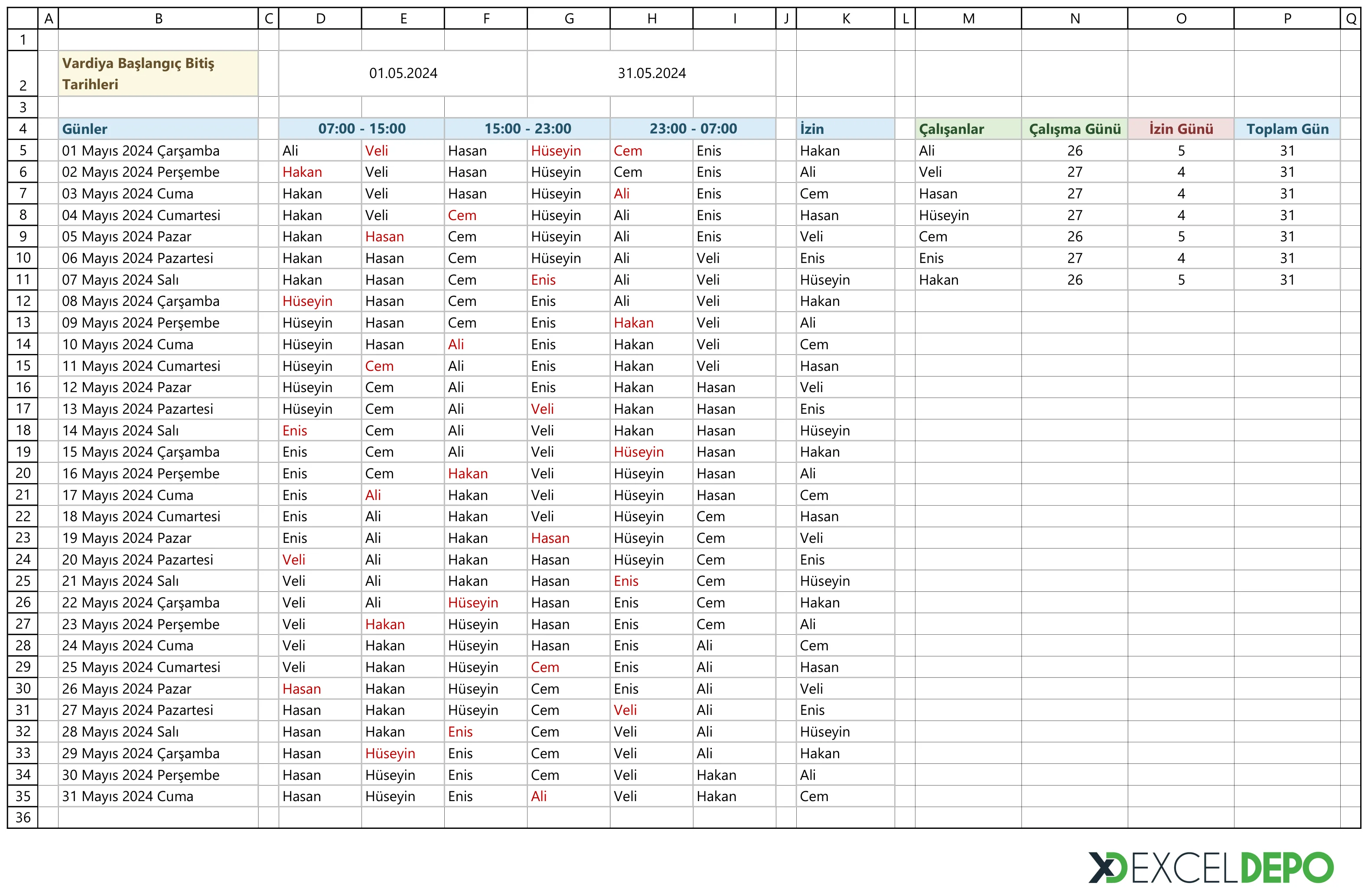 Dosya 'Vardiya Çizelgesi Excel - 8 Saatlik Dönen Vardiya ve Güvenlik Nöbet Planı'