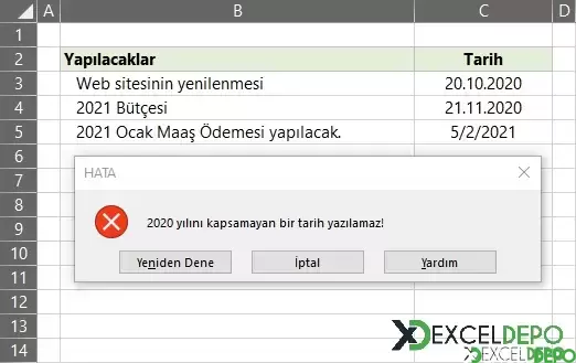 Veri Doğrulama ile Hücrede Yıl Kontrolü Yapma