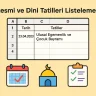 Resmi ve Dini Tatilleri Listeleme