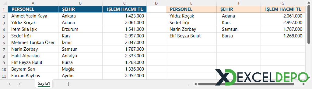 Satırseç Formülü Kullanım Örneği
