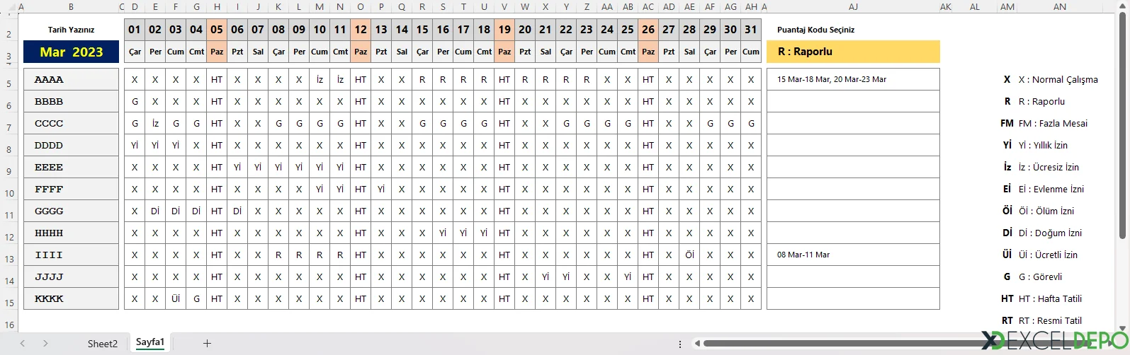 Puantaj Tablosundan Özet Oluşturma