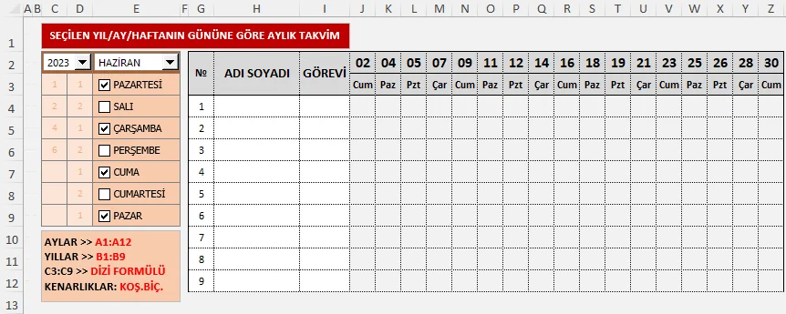 Haftanın Seçilen Günlerinden Aylık Takvim Yapma